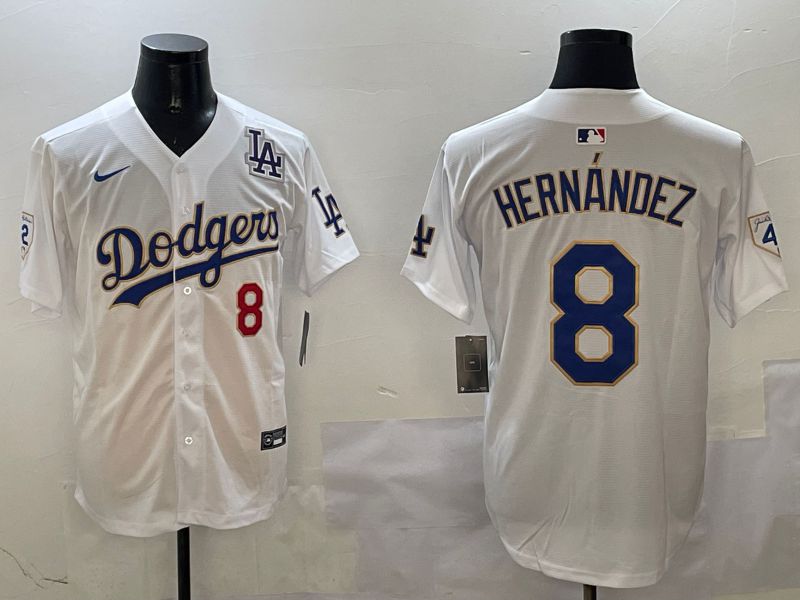 Men Los Angeles Dodgers 8 Hernandez White Gold Game 2025 Nike MLB Jersey style 3134